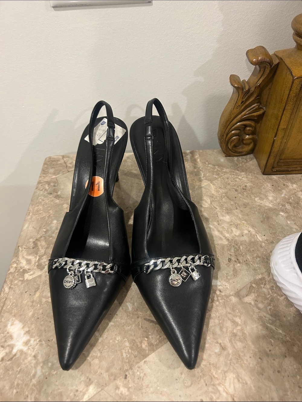 DKNY Black Pointed Slingback Heels with Silver Chain Charms